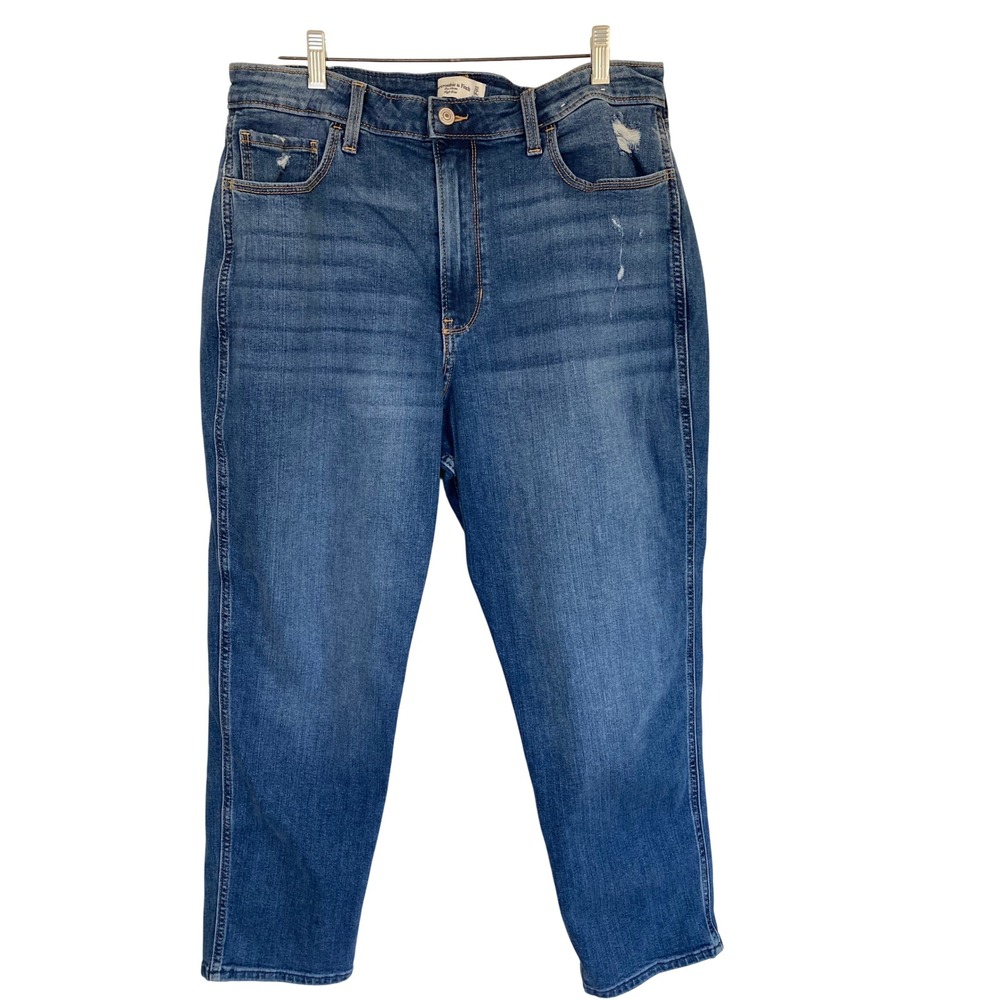 Abercrombie & Fitch The Mom High Rise Jeans Medium Wash Blue Distressed 32 14R
